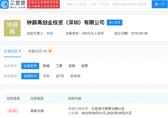 钟薛高创业投资（深圳）公司申请注销 投资兴办实业的背后